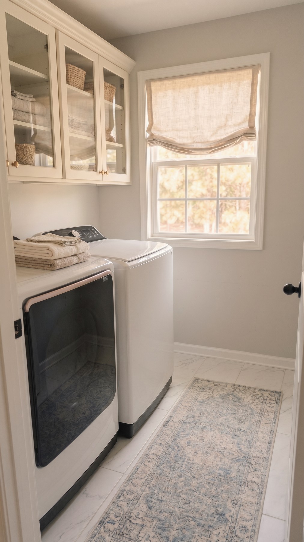 A tidy laundry room with glass-front cabinets and a linen Roman shade