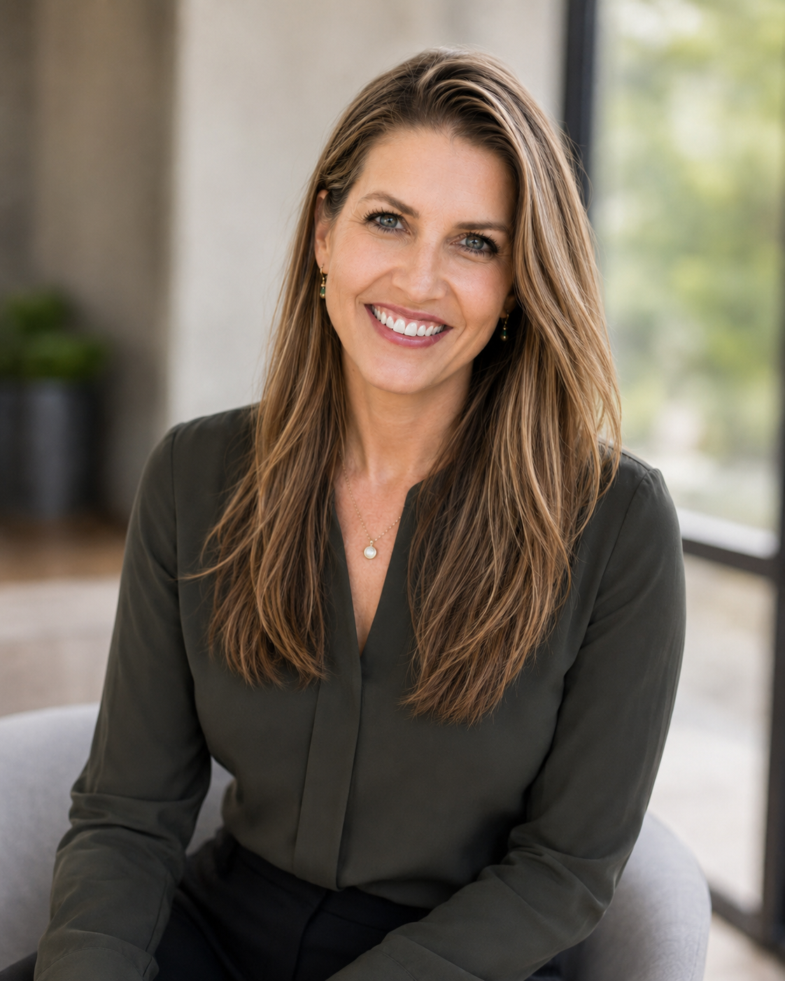 Megan, founder of Peach & Pine Co., smiling warmly in a dark olive blouse in a light-filled modern room