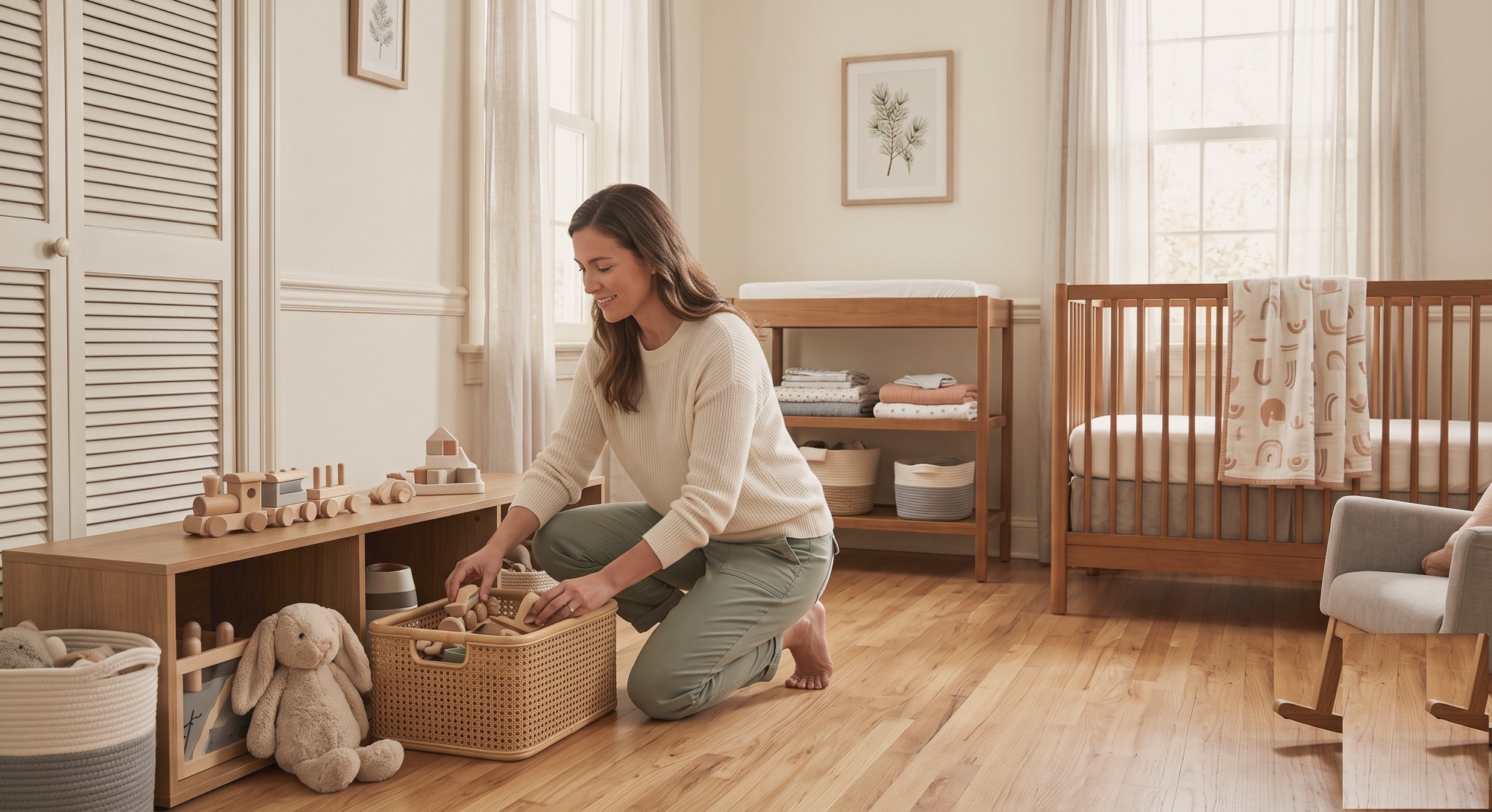 A Peach & Pine Family & Home Manager tidying a child's nursery, placing wooden toys into a woven basket