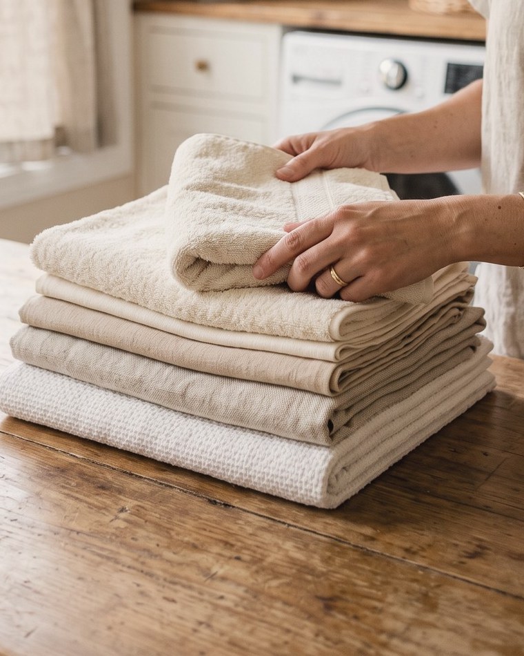 Hands folding a stack of neutral linen and cotton towels on a wooden table in a bright laundry room